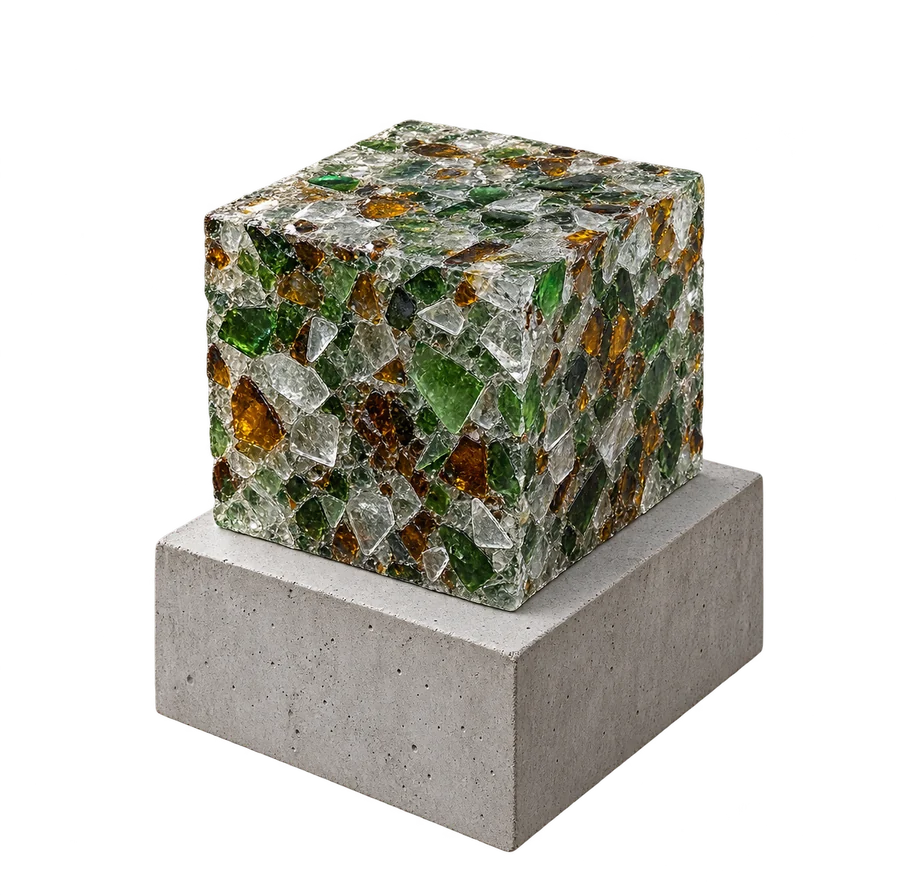Block of crushed recycled glass