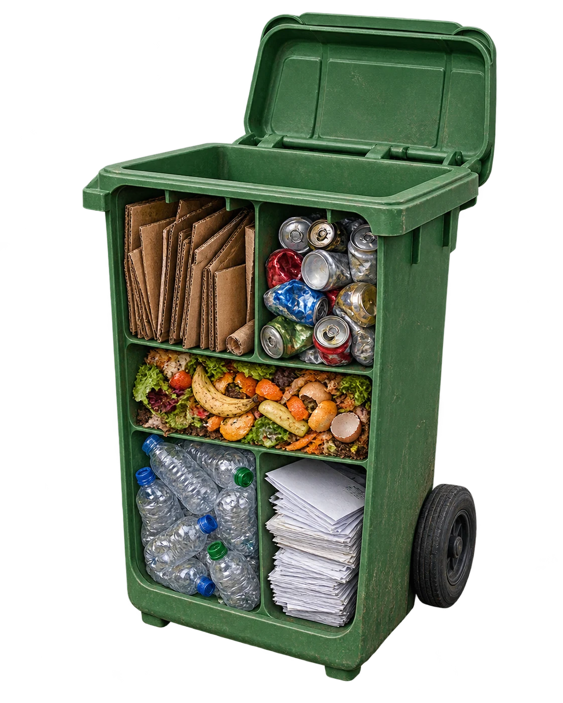 Illustrated open bin with cardboard, cans, food scraps, plastic bottles and invoice papers