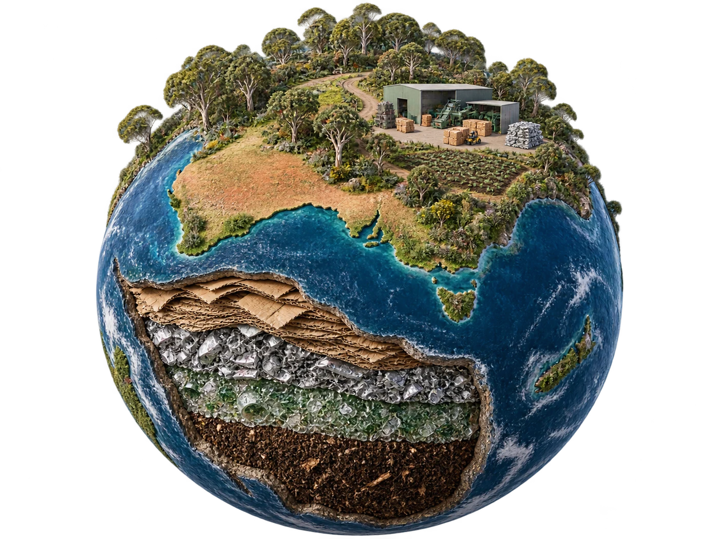 Illustrated Australian recovery world with a native forest, material recovery facility and exposed layers of cardboard, metal, glass and soil