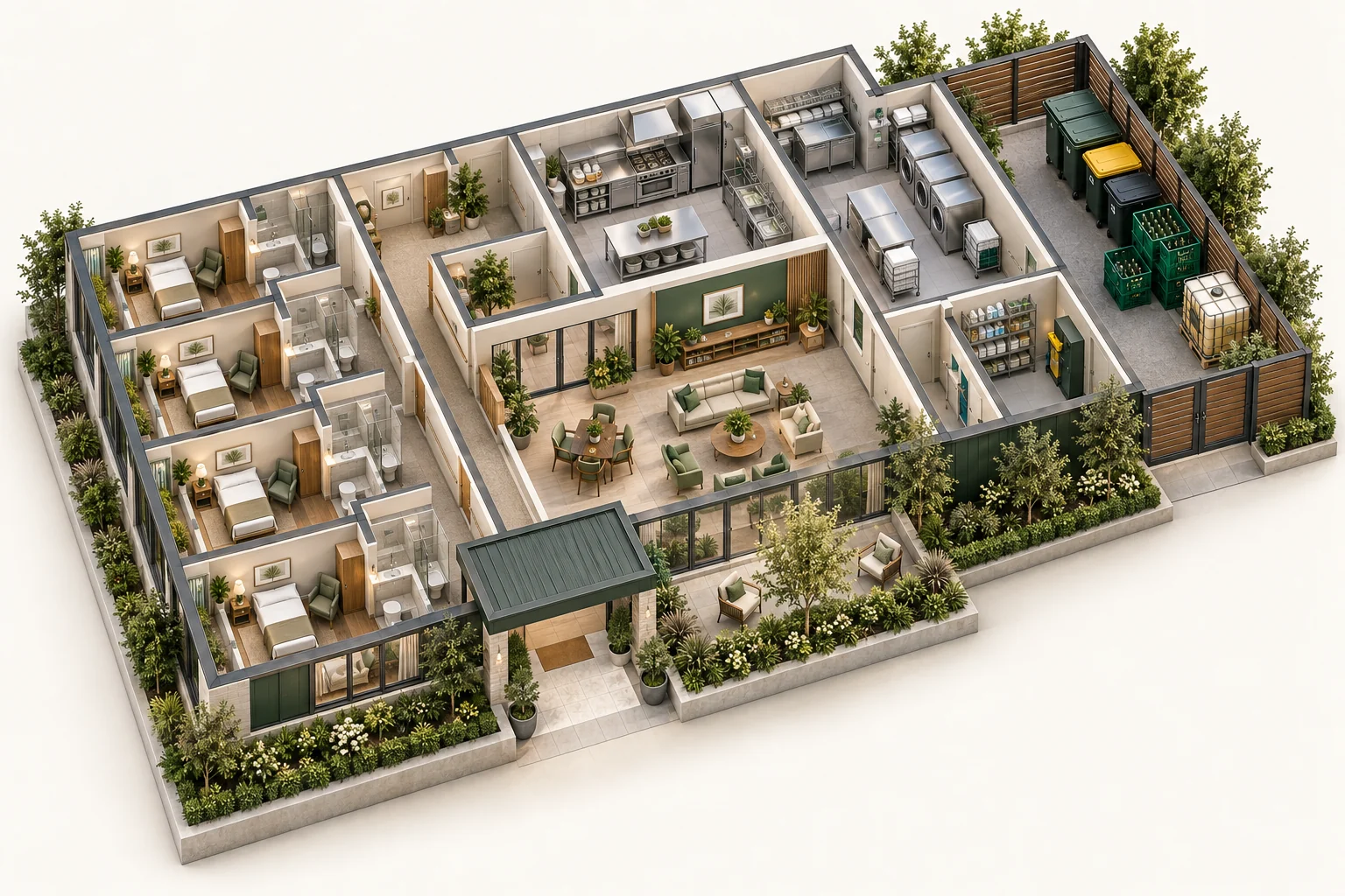 Illustrative cutaway of aged care facilities showing work areas and waste storage