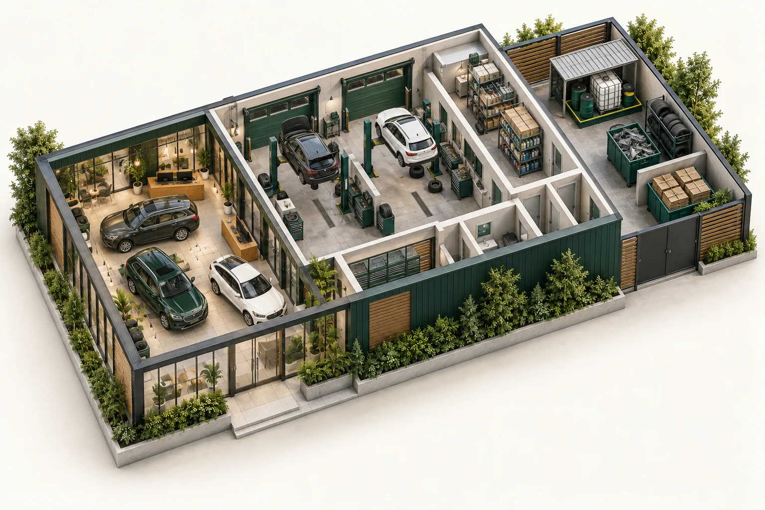 Illustrative cutaway of automotive dealerships showing work areas and waste storage
