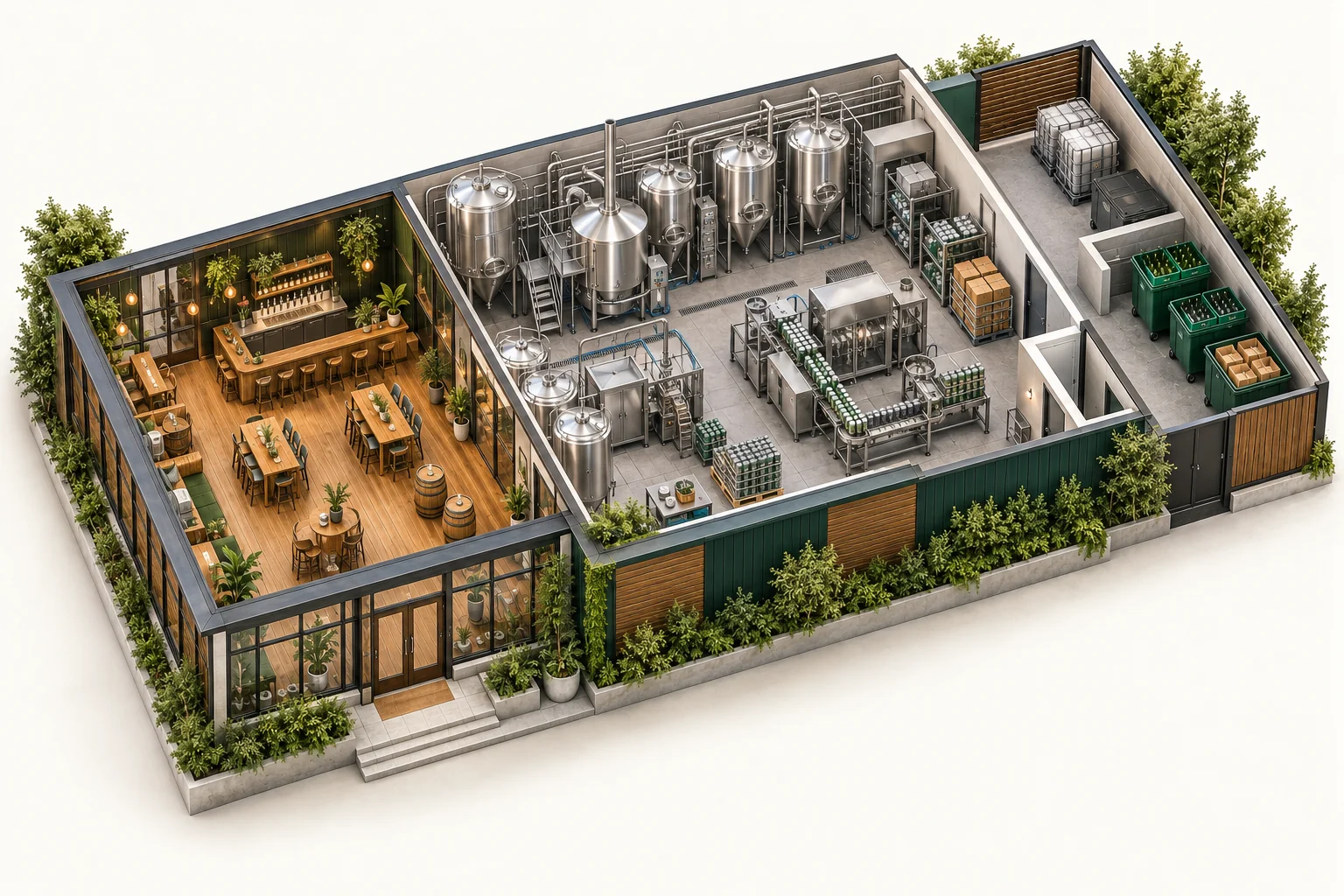 Illustrative cutaway of breweries & distilleries showing work areas and waste storage