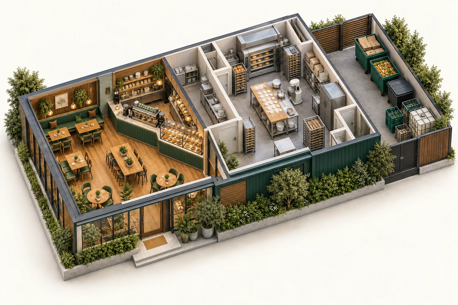 Illustrative cutaway of cafes & bakeries showing work areas and waste storage