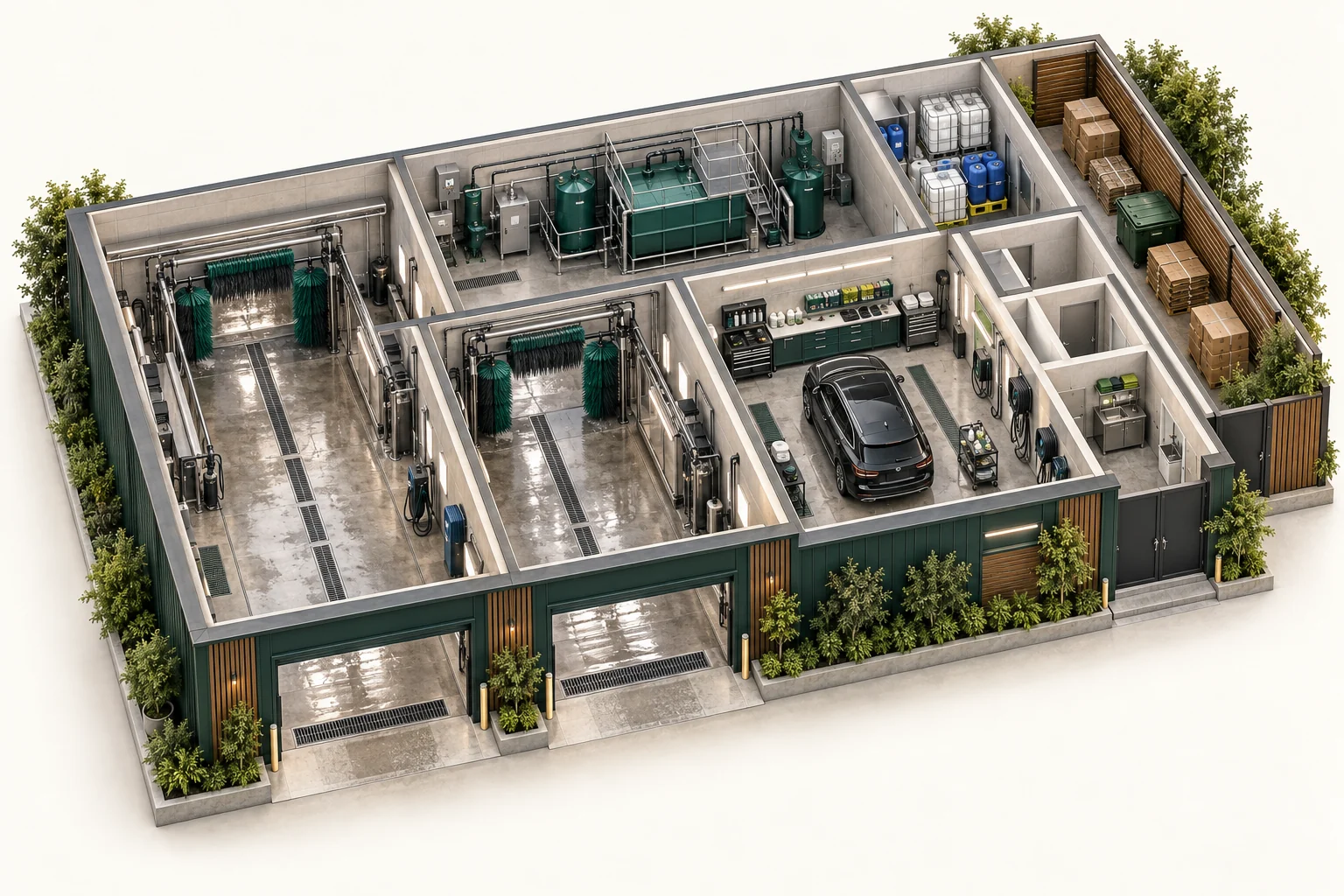 Illustrative cutaway of car washes & auto detailing showing work areas and waste storage