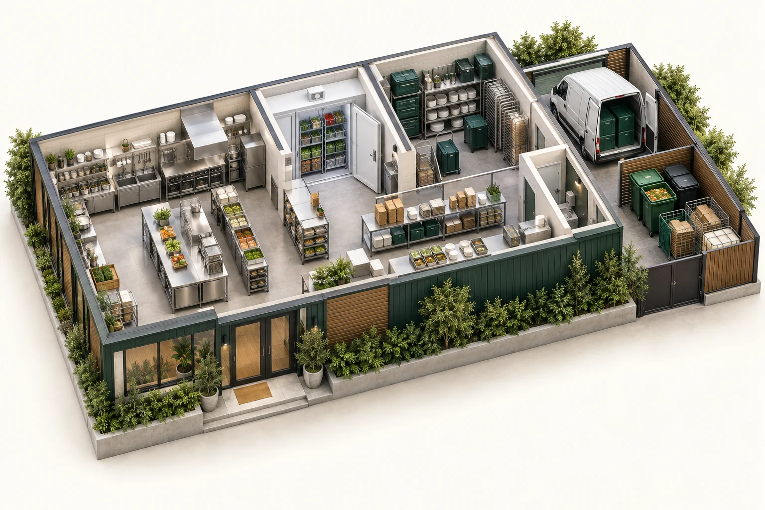Illustrative cutaway of catering companies showing work areas and waste storage