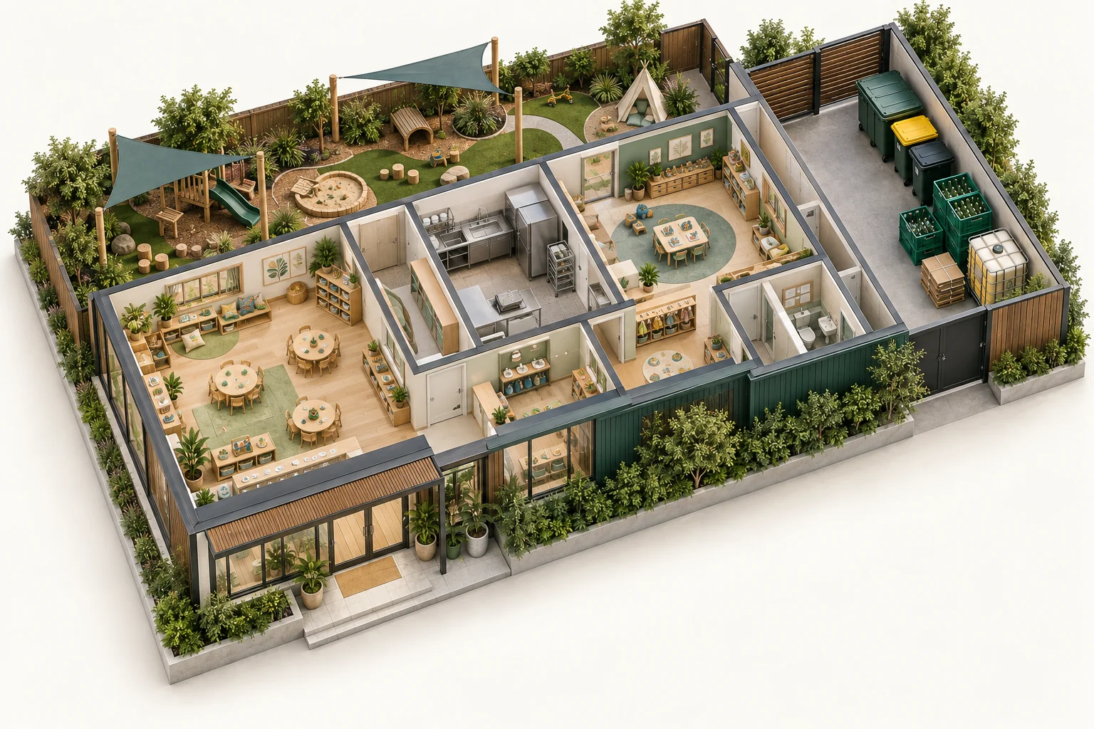 Illustrative cutaway of childcare centres showing work areas and waste storage