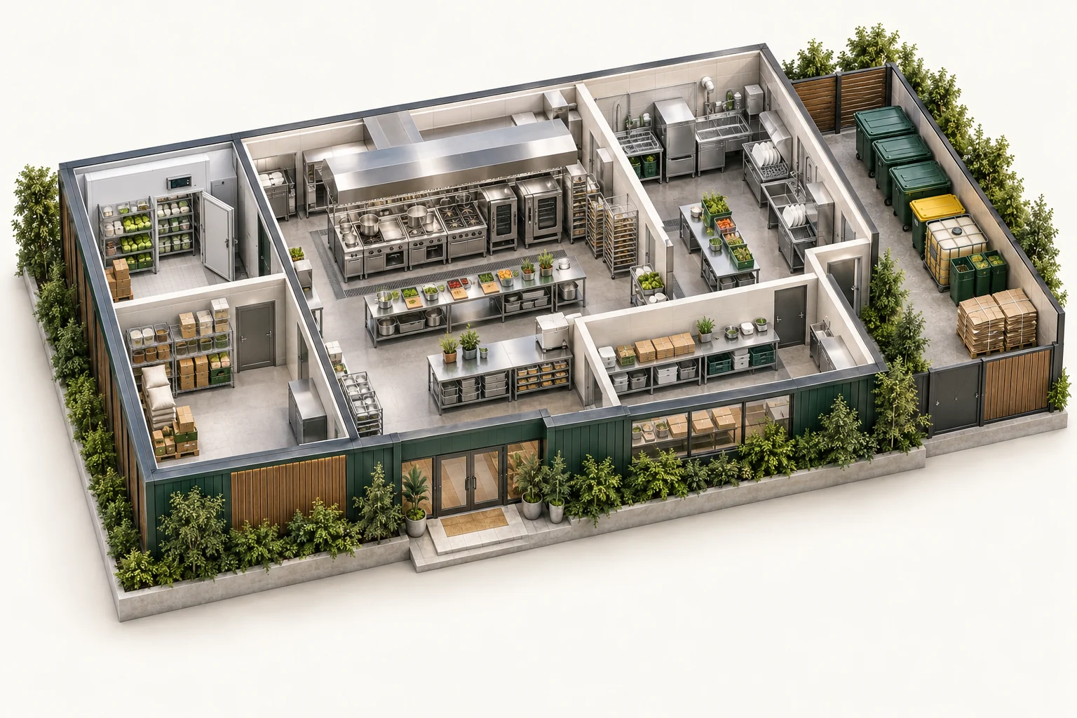 Illustrative cutaway of commercial kitchens showing work areas and waste storage