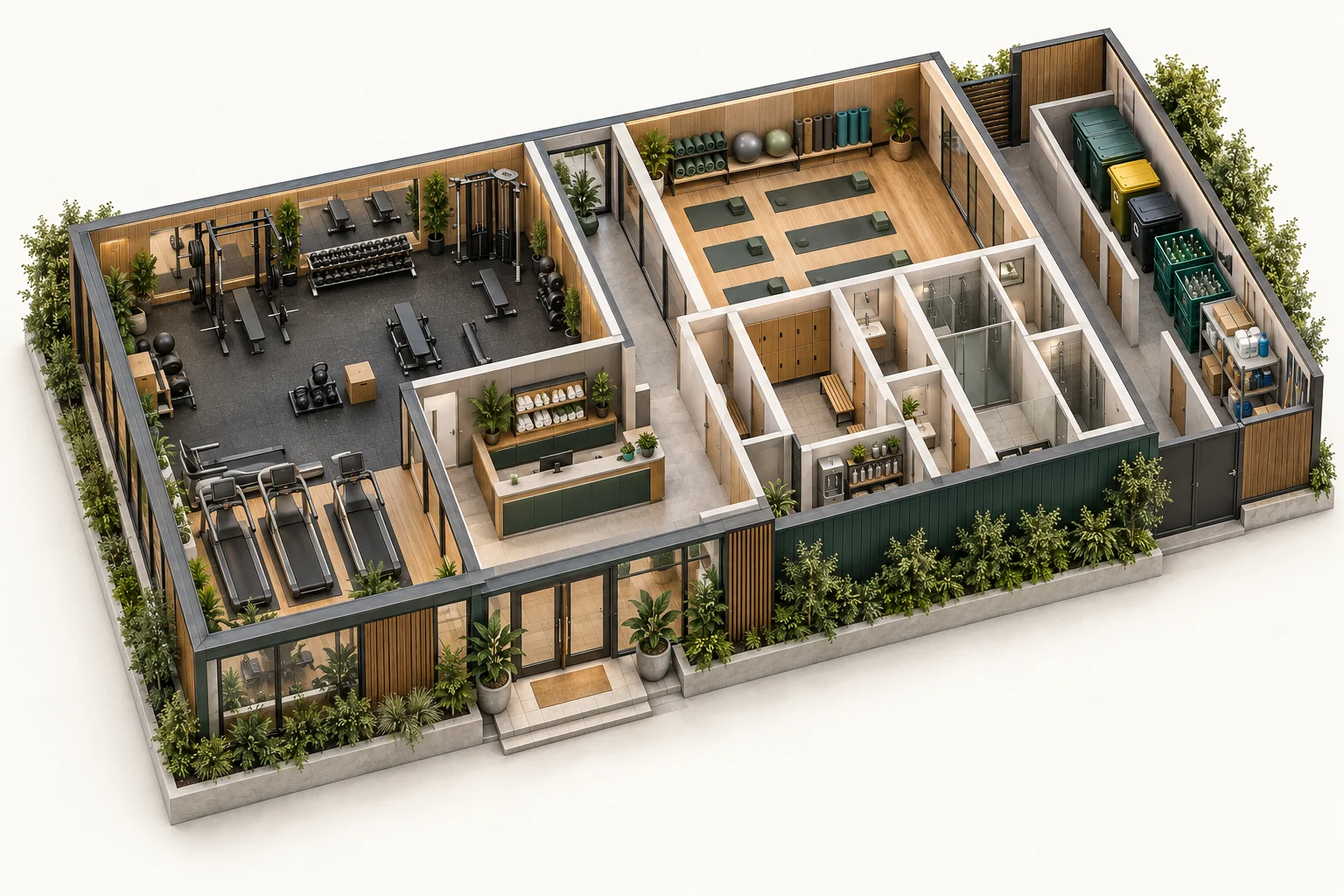 Illustrative cutaway of gyms & fitness centres showing work areas and waste storage