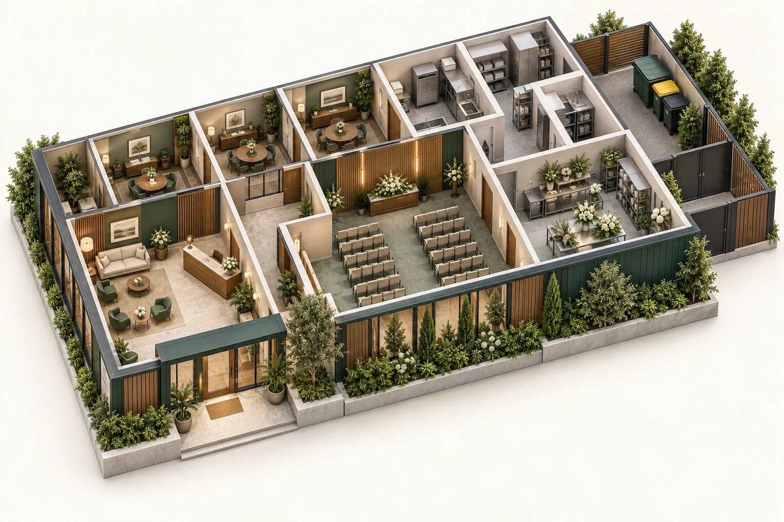 Illustrative cutaway of funeral homes showing work areas and waste storage