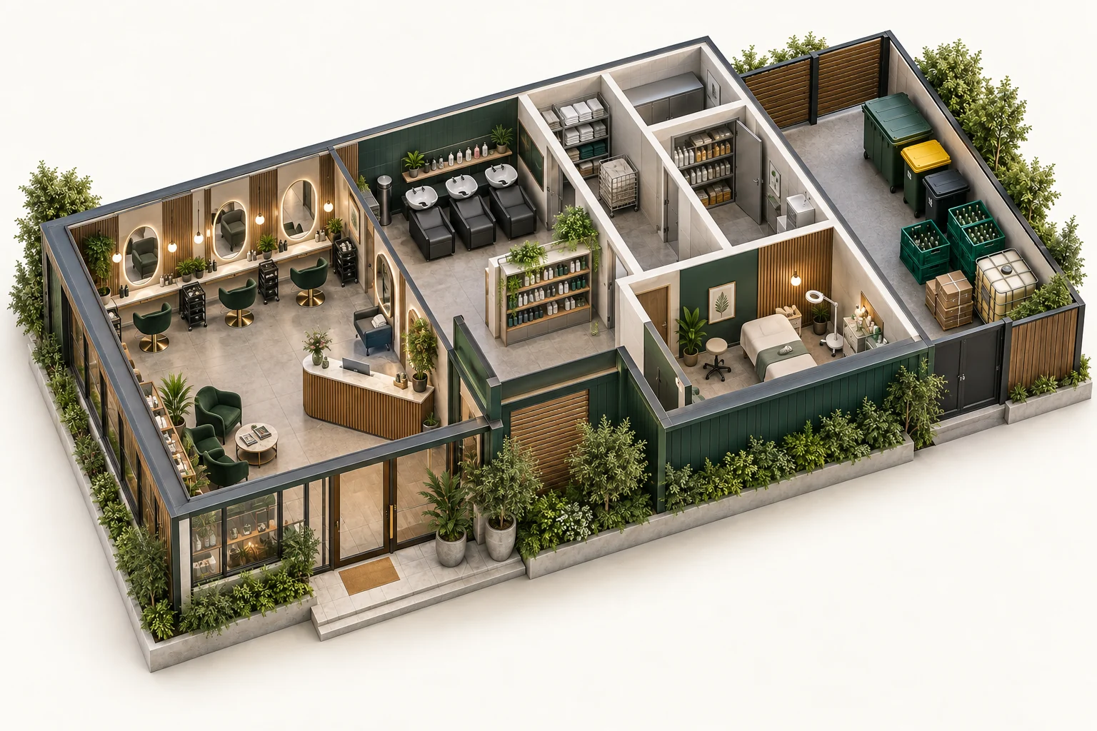 Illustrative cutaway of hair salons & beauty showing work areas and waste storage