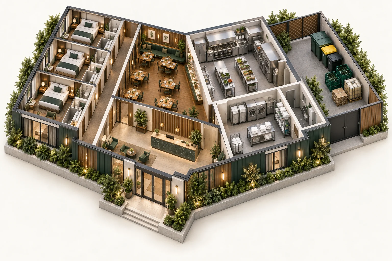 Illustrative cutaway of hotels & accommodation showing work areas and waste storage