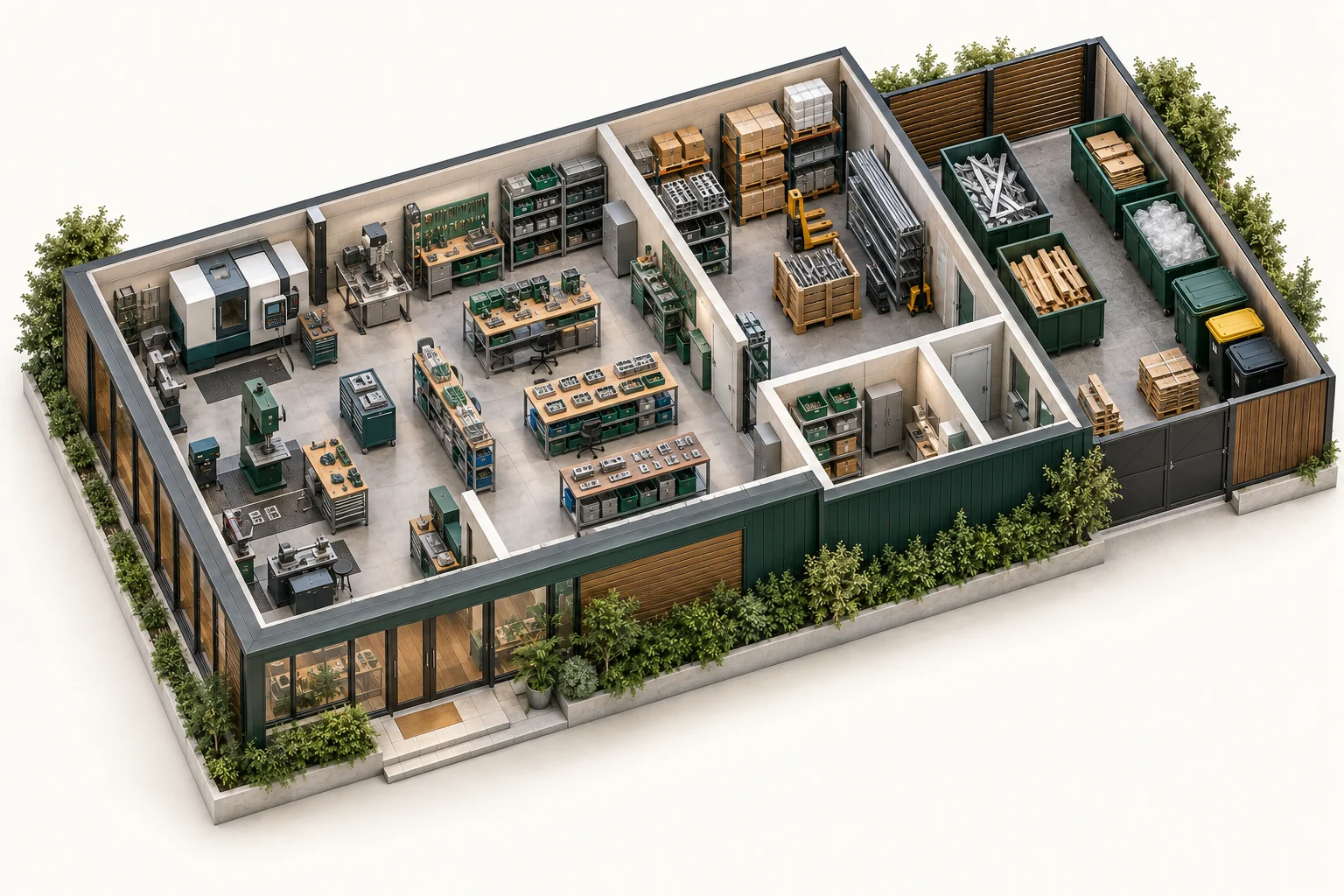 Illustrative cutaway of manufacturing showing work areas and waste storage