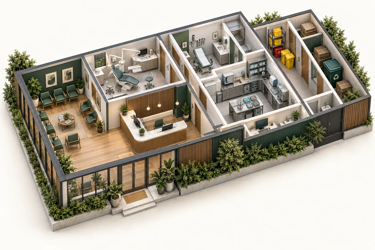 Illustrative cutaway of medical & dental clinics showing work areas and waste storage