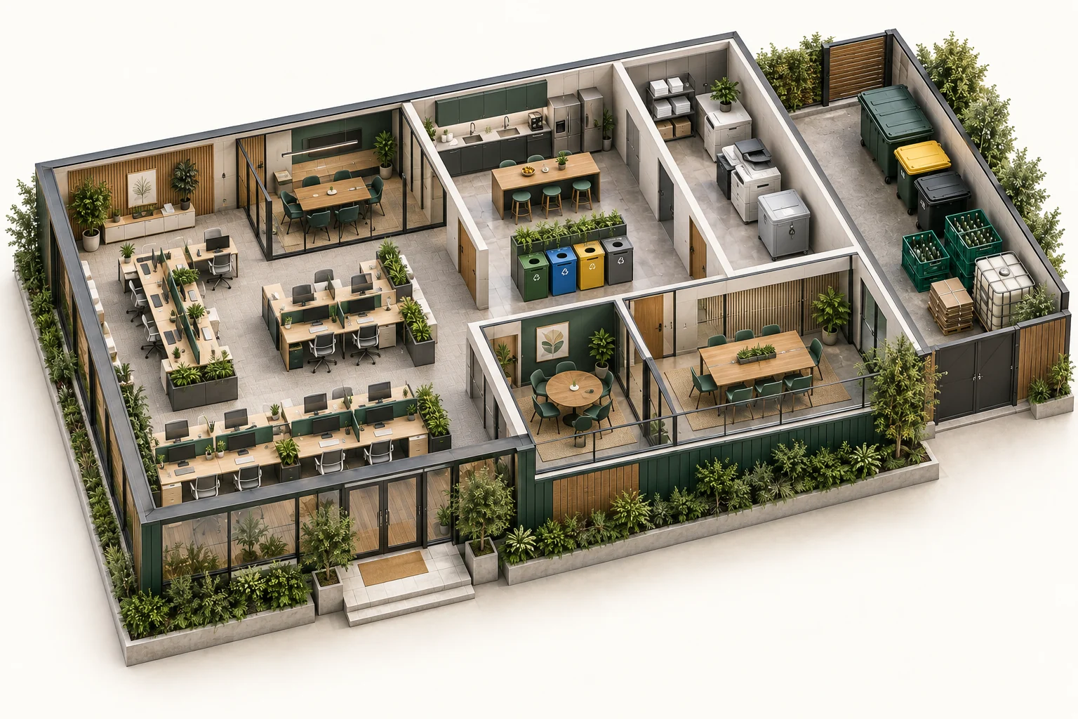 Illustrative cutaway of office buildings showing work areas and waste storage