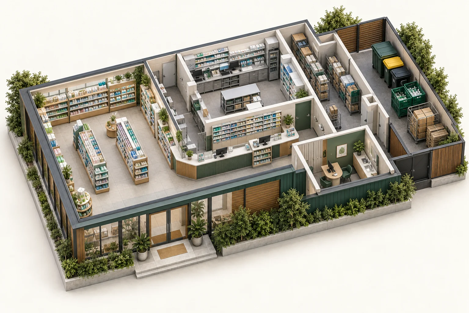 Illustrative cutaway of pharmacies showing work areas and waste storage