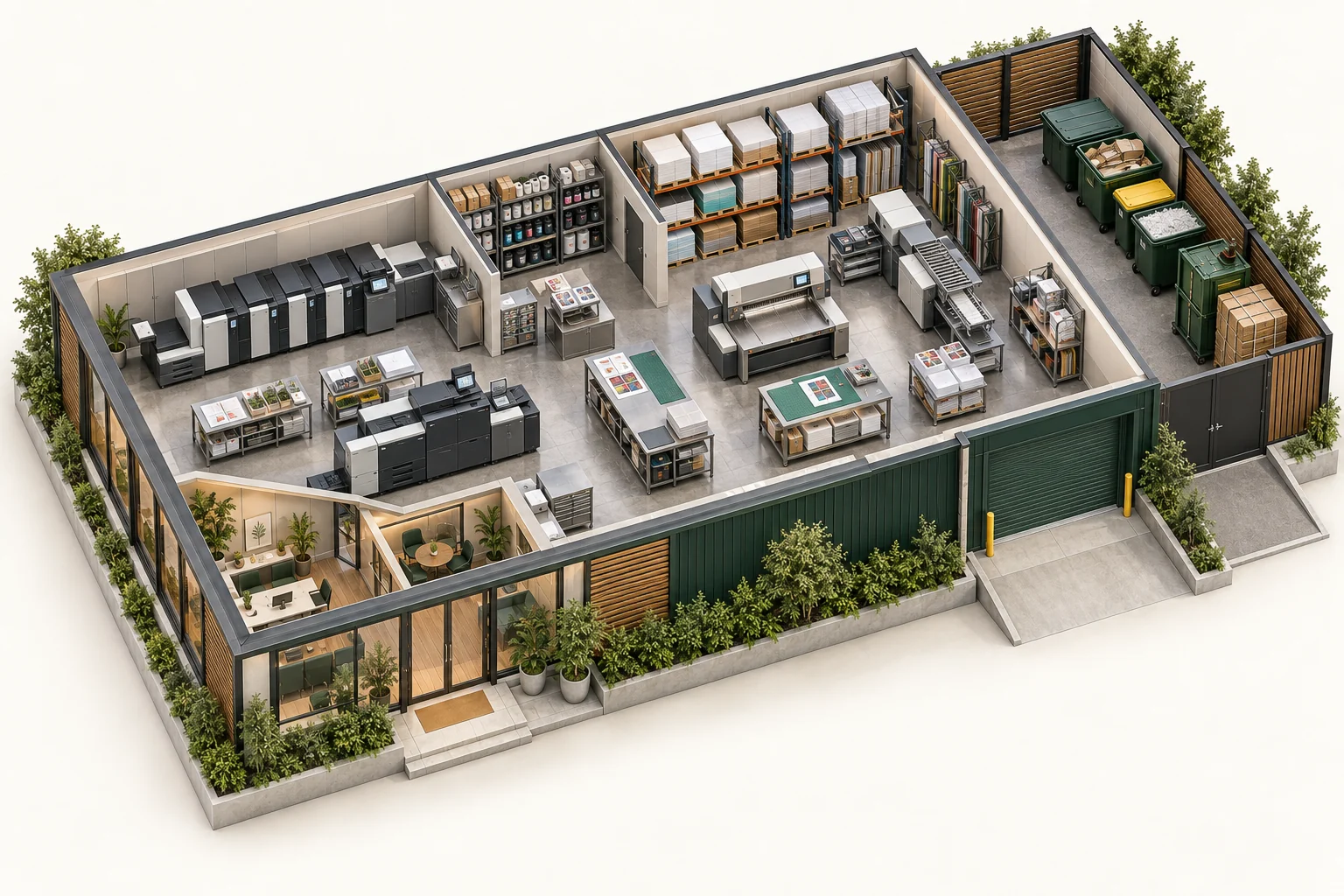 Illustrative cutaway of printing companies showing work areas and waste storage