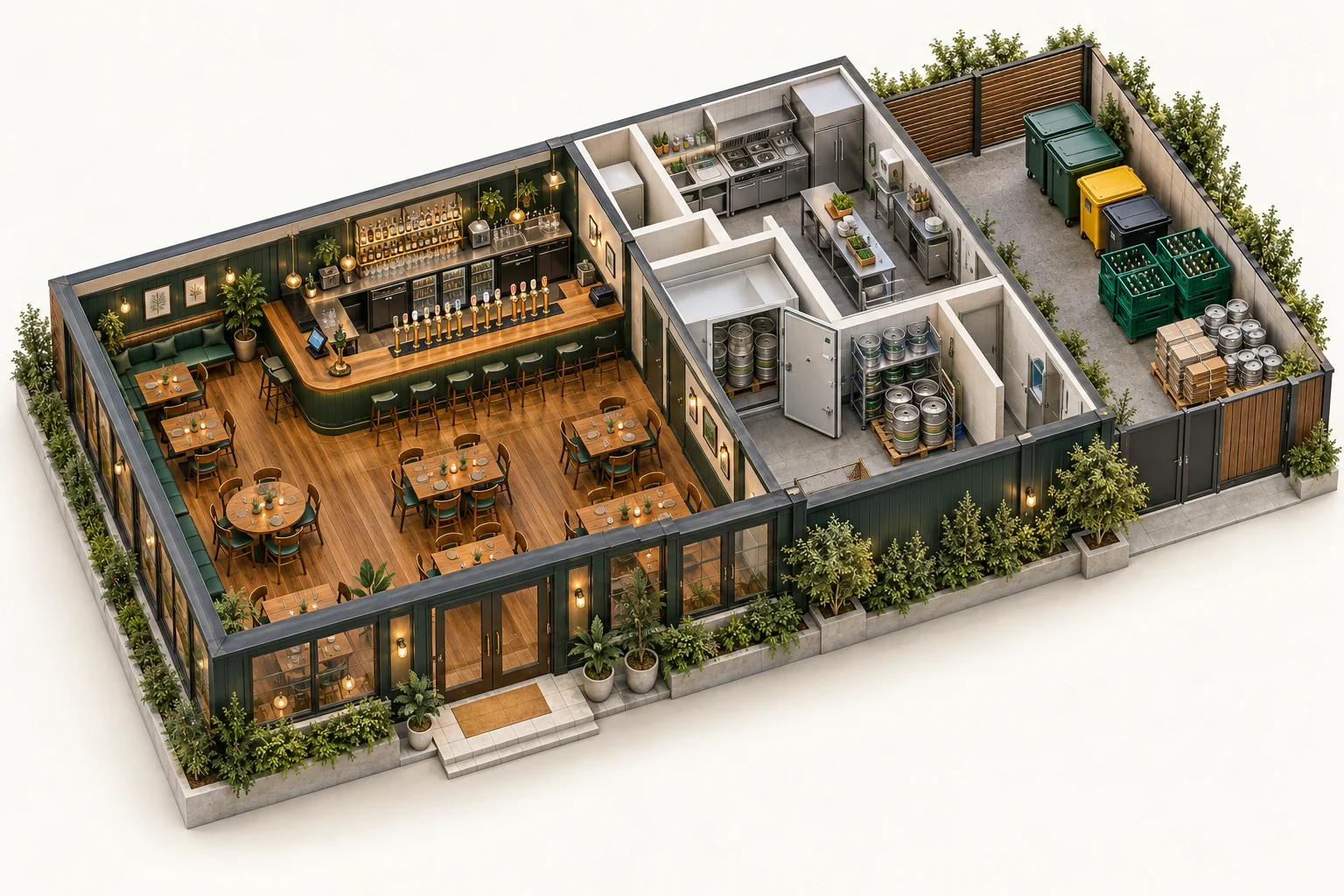 Illustrative cutaway of pubs & bars showing work areas and waste storage