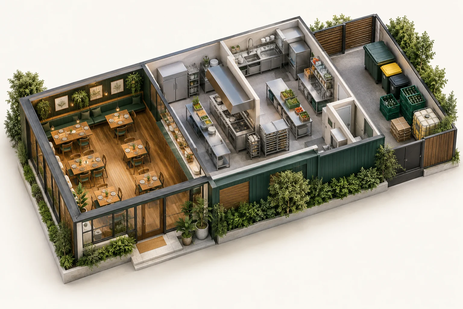 Illustrative cutaway of restaurants & dining showing work areas and waste storage