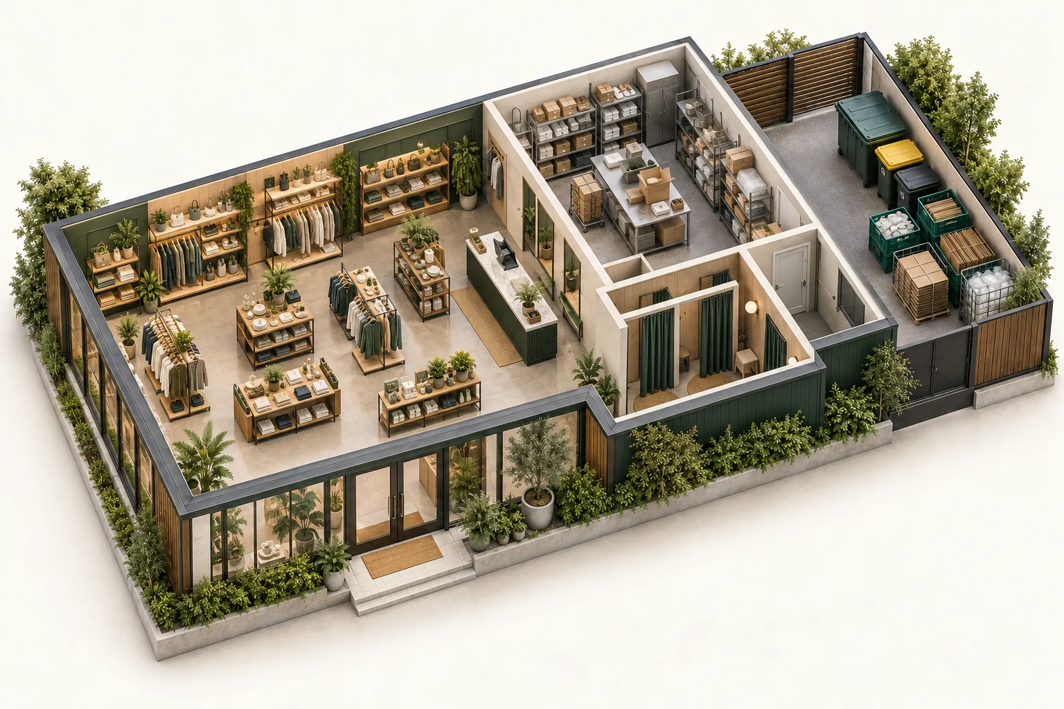 Illustrative cutaway of retail stores showing work areas and waste storage