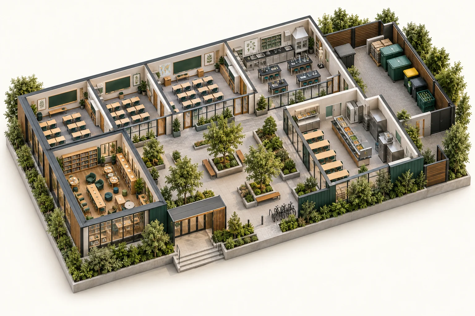 Illustrative cutaway of schools & universities showing work areas and waste storage