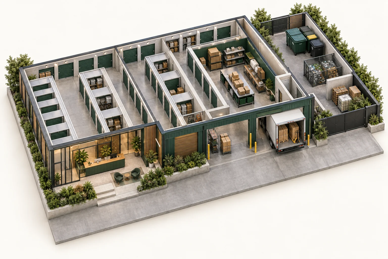 Illustrative cutaway of self-storage facilities showing work areas and waste storage