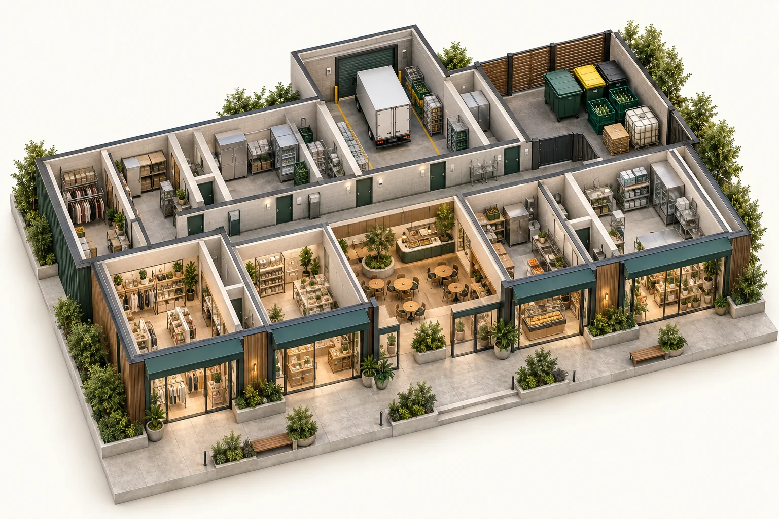 Illustrative cutaway of shopping centres showing work areas and waste storage