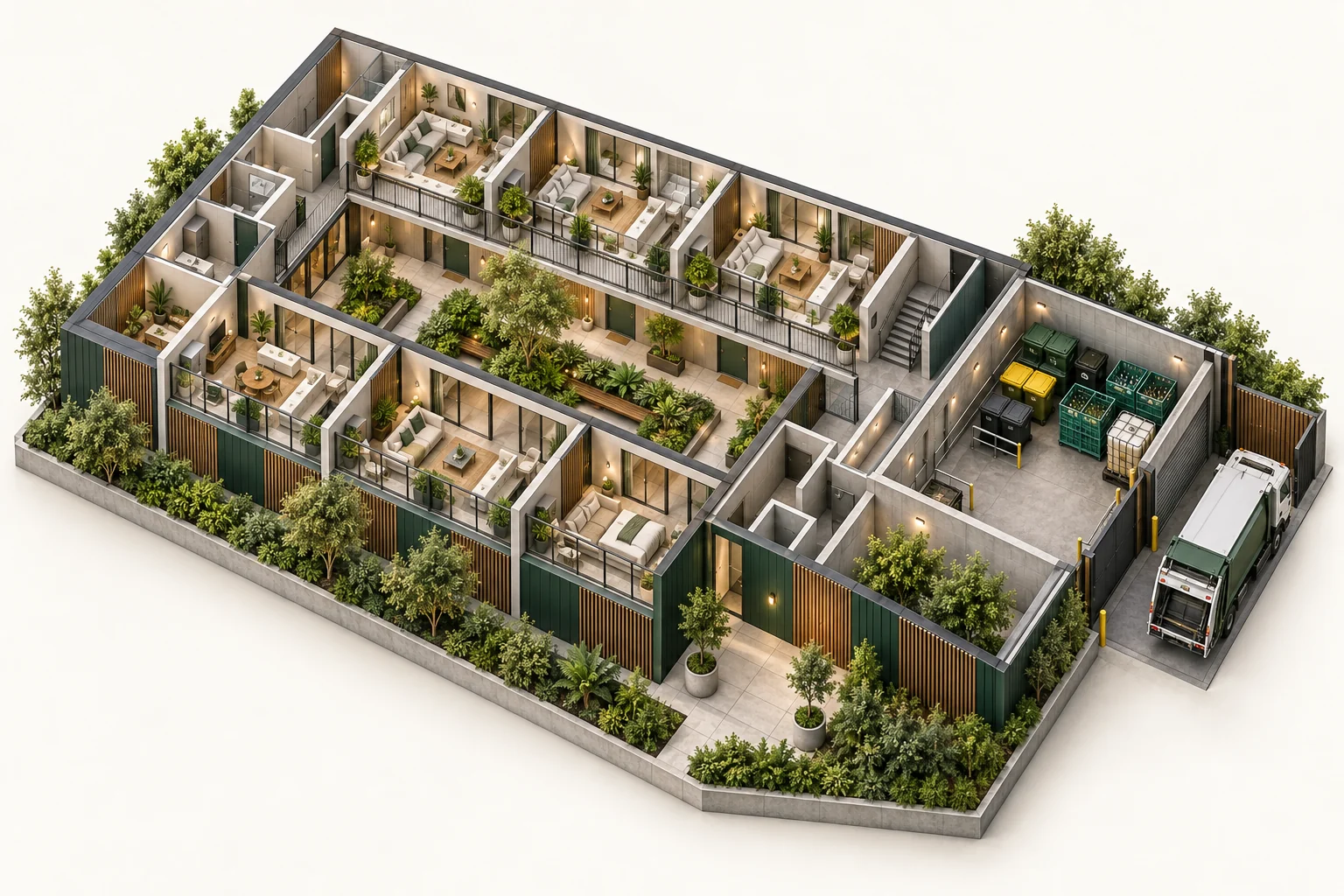Illustrative cutaway of strata & body corporate showing work areas and waste storage