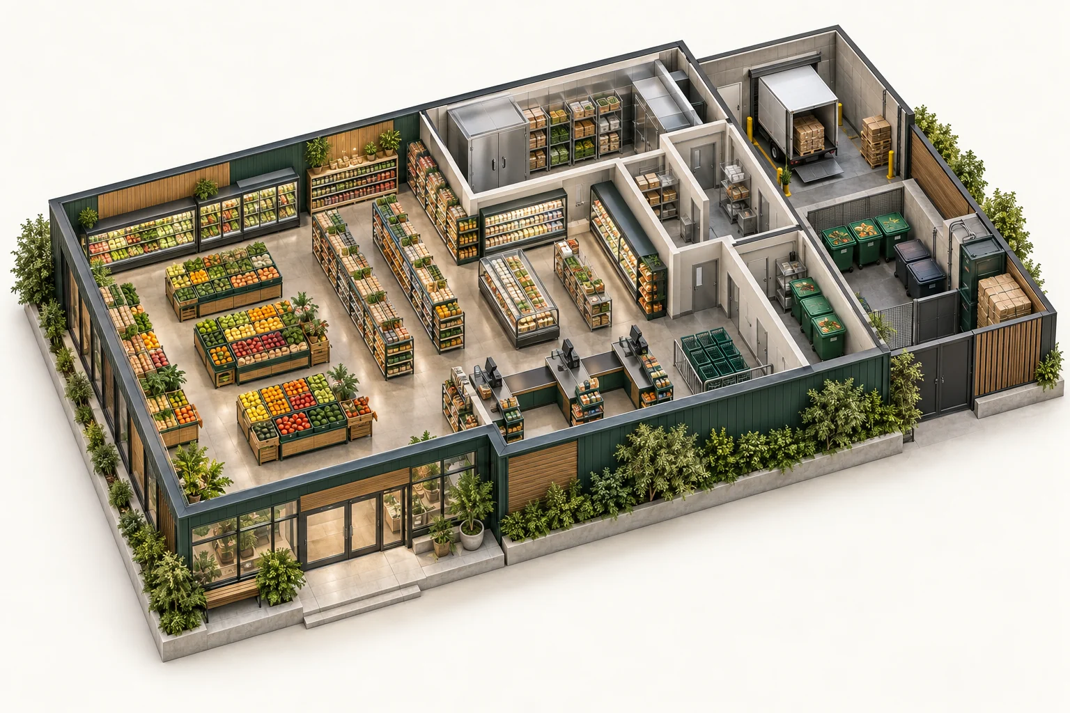 Illustrative cutaway of supermarkets & grocery showing work areas and waste storage