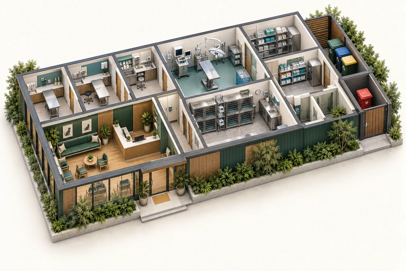 Illustrative cutaway of veterinary clinics showing work areas and waste storage