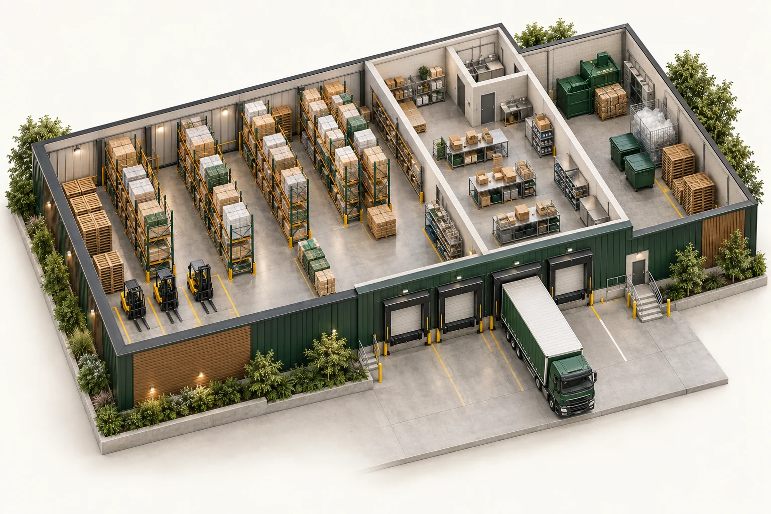 Illustrative cutaway of warehouses & distribution showing work areas and waste storage