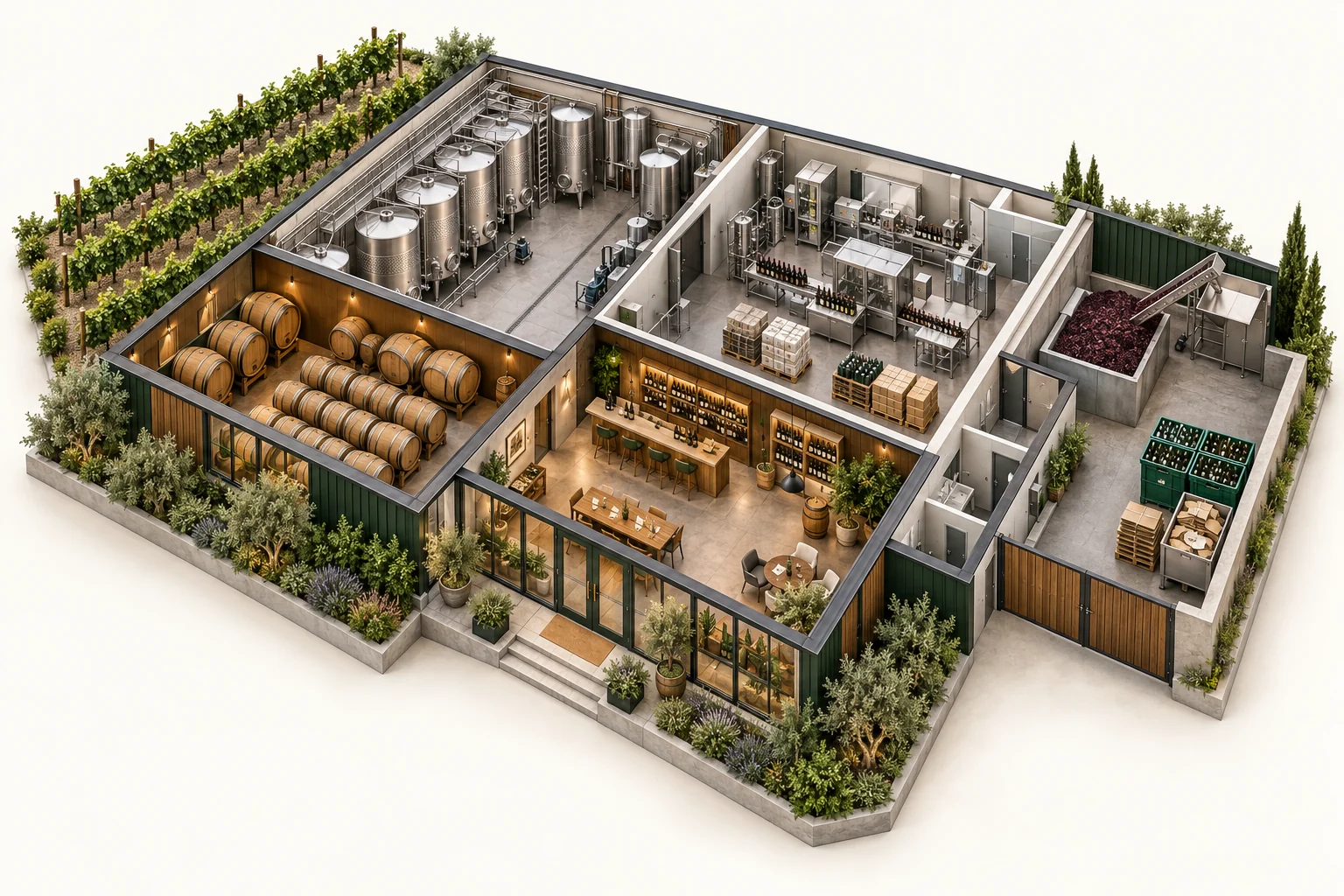Illustrative cutaway of wineries showing work areas and waste storage