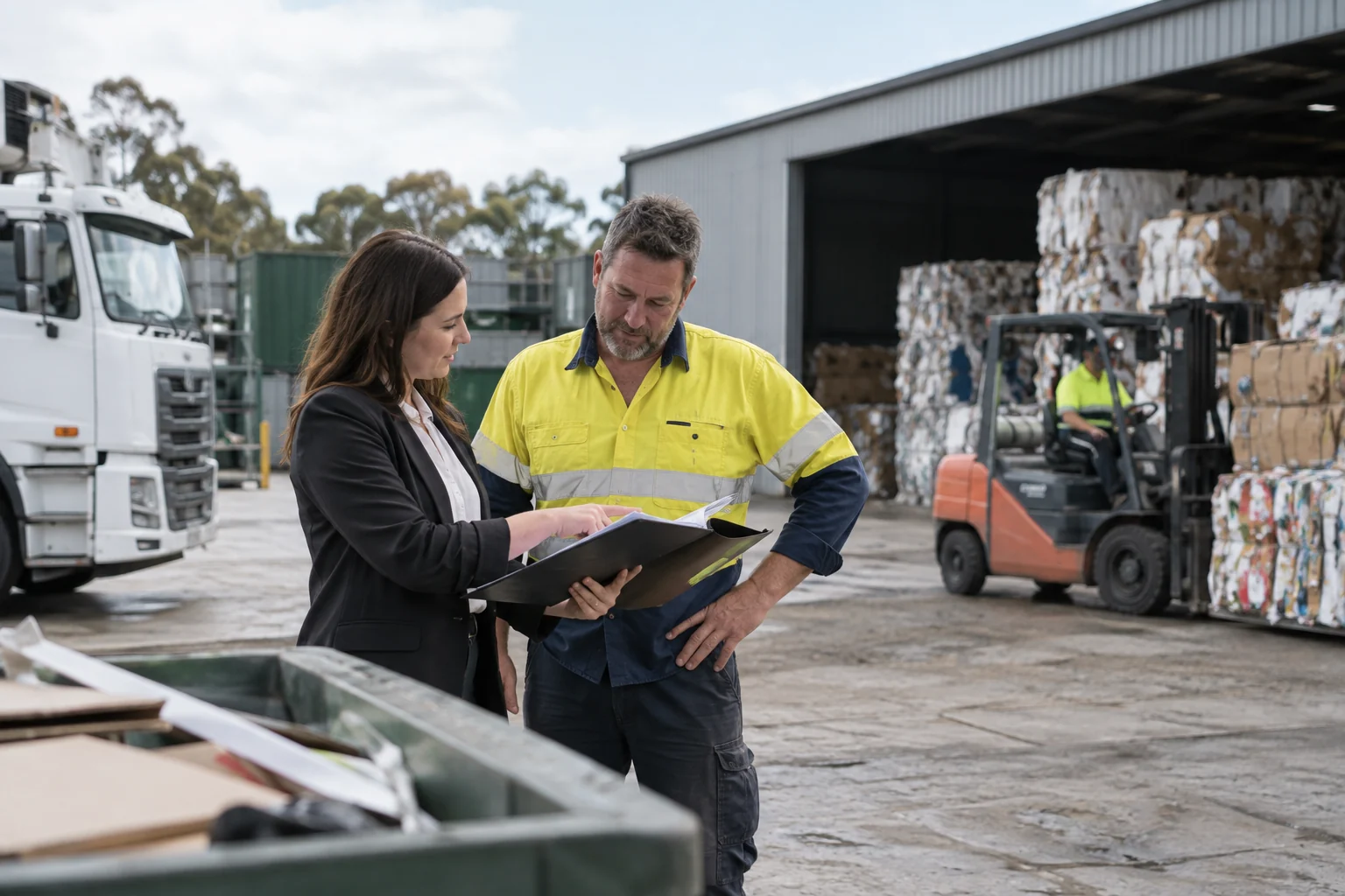 Illustrative conversation reviewing waste collection options at a business site