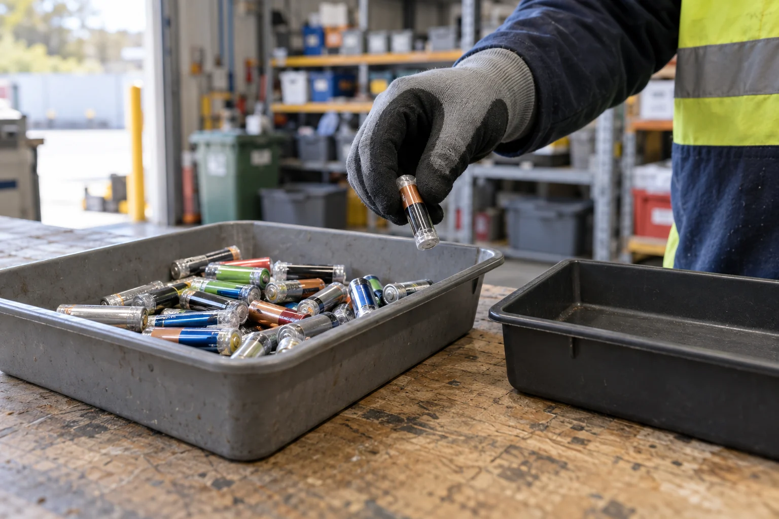 Illustrative battery sorting scene with taped terminals in a collection tray