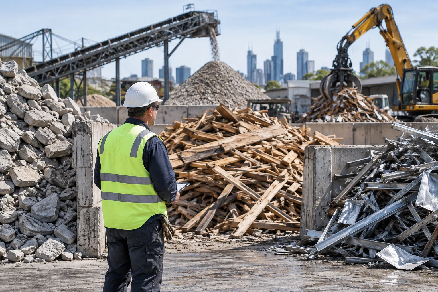 Illustrative scene for Construction & Demolition Waste Recycling in Australia: A Builder's Guide to Material Recovery