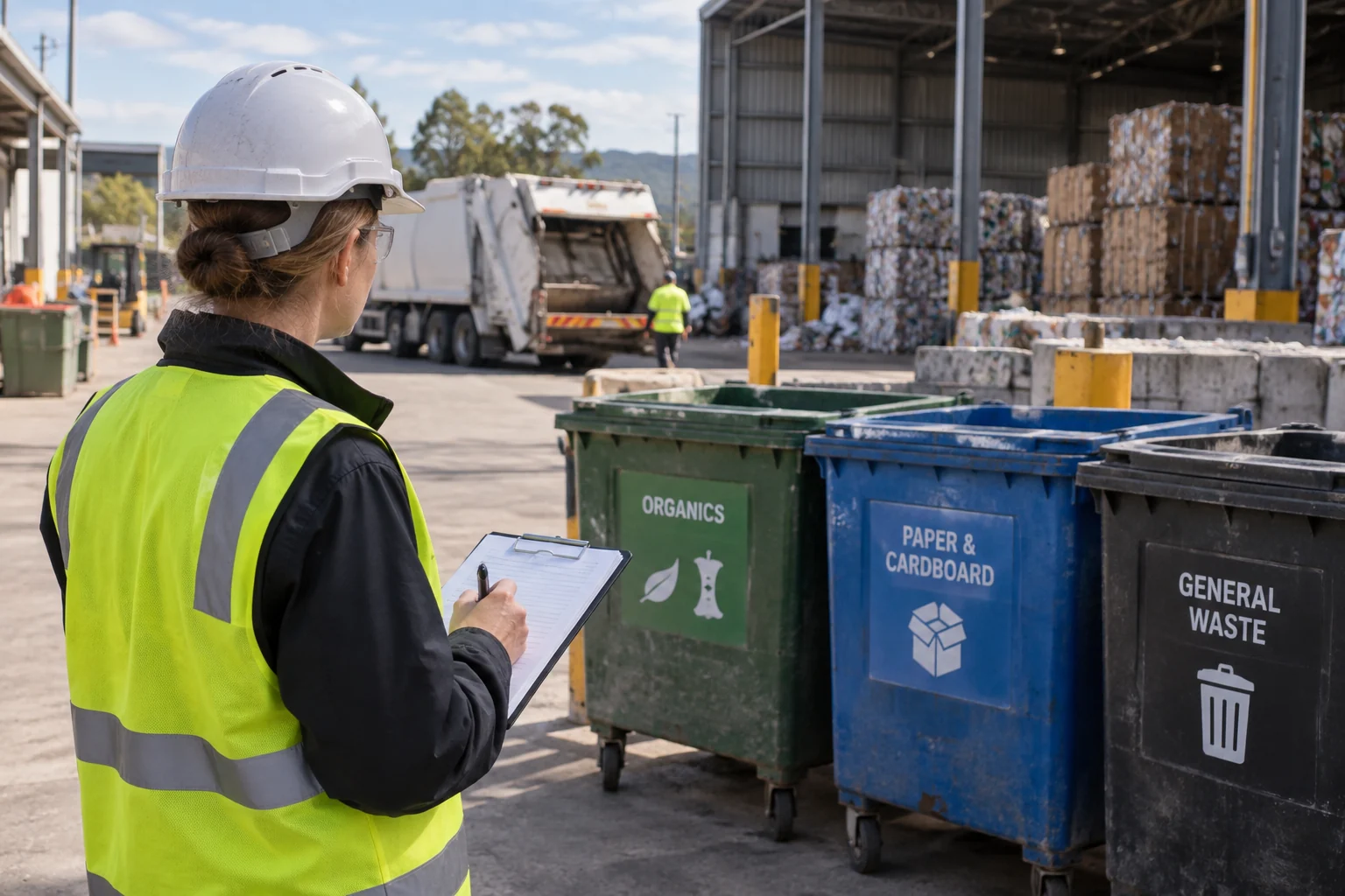 Illustrative scene: planning and checking the waste setup at a business site