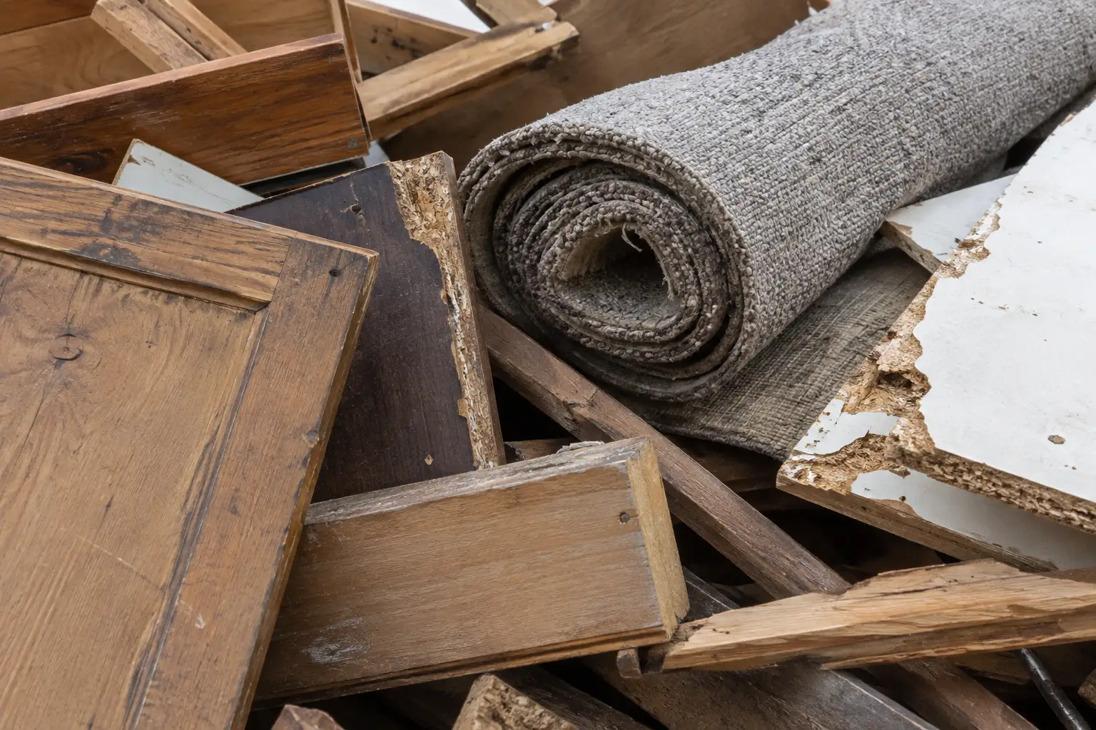 Illustrative close-up of old timber furniture, particleboard and a rolled carpet of the kind taken to a tip