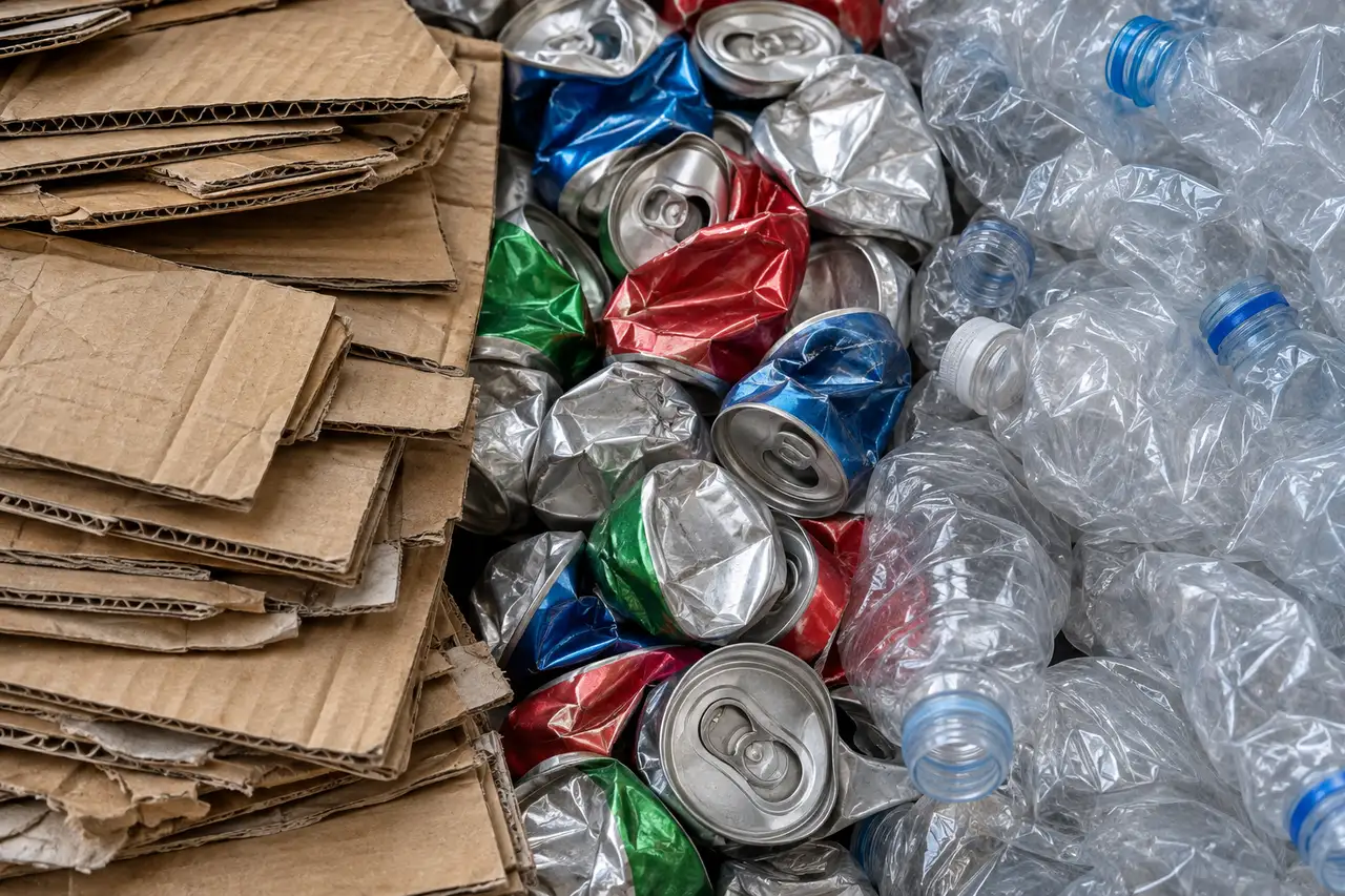 Illustrative close-up of sorted recyclables: flattened cardboard, crushed cans and plastic bottles