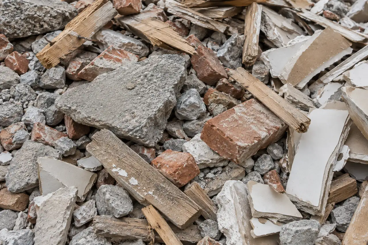 Illustrative close-up of mixed construction waste: concrete, brick, timber and plasterboard