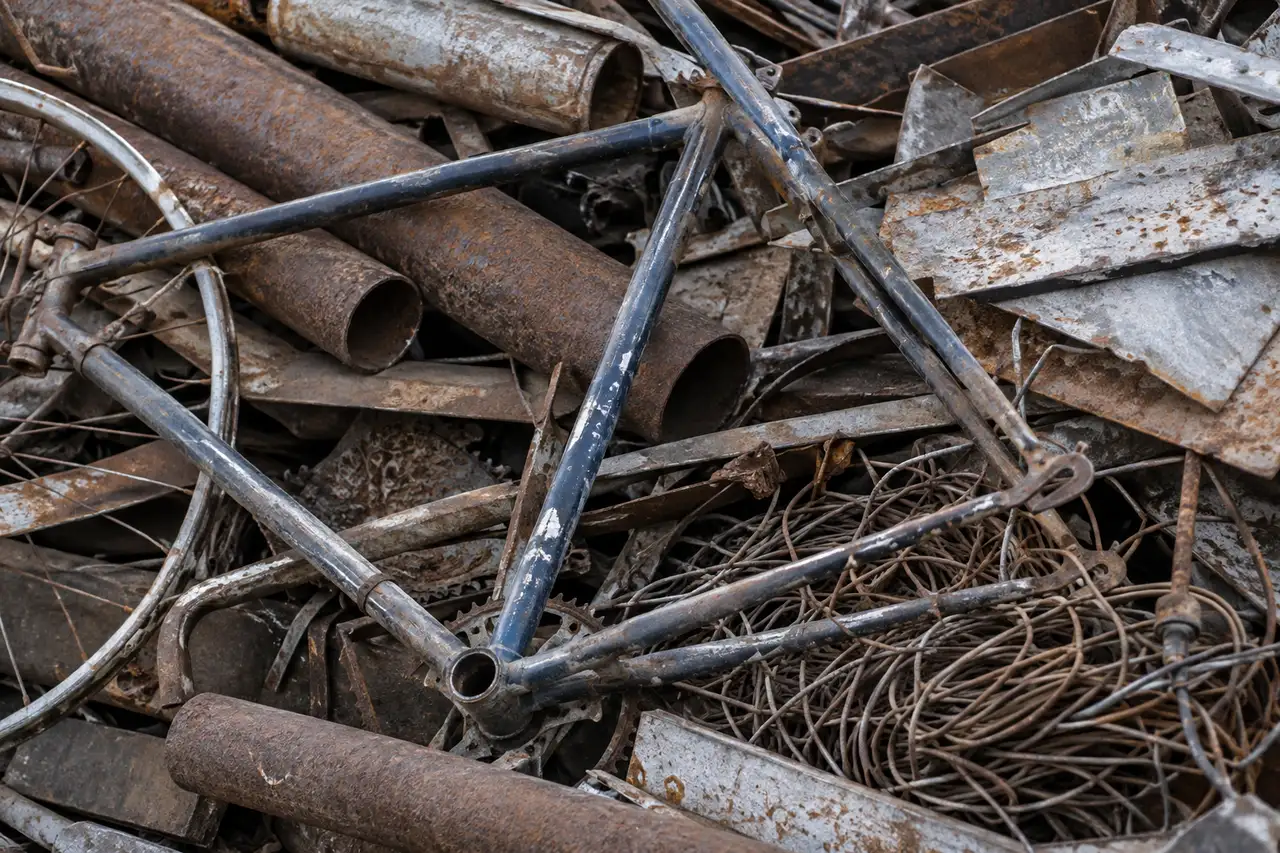 Illustrative close-up of scrap metal: rusty pipes, a bicycle frame and wire