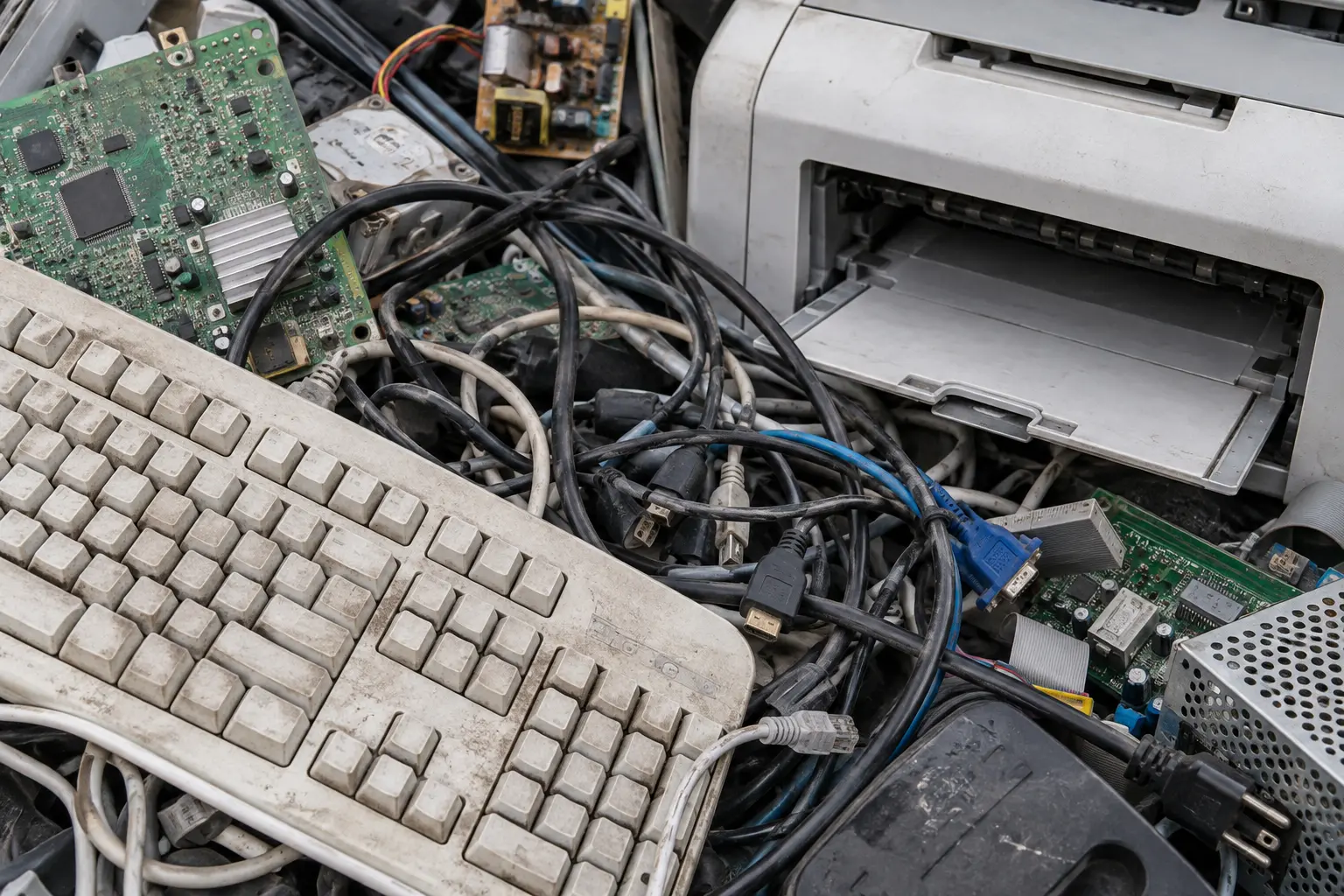 Illustrative close-up of e-waste: a keyboard, cables, circuit boards and a printer