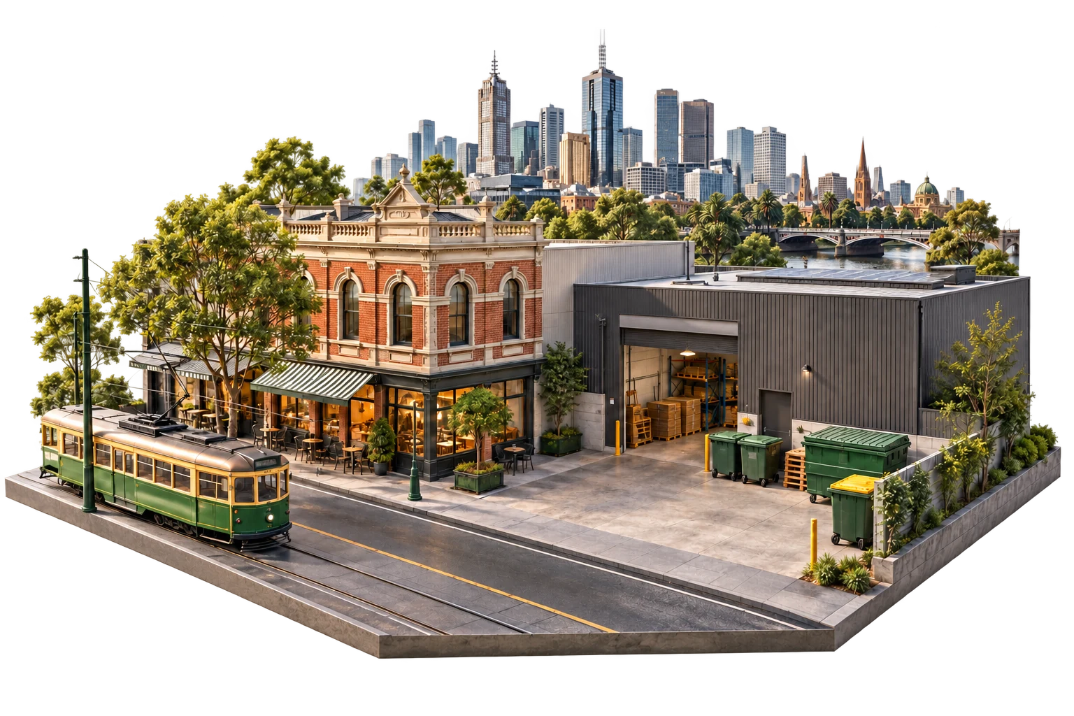 Illustrative Melbourne neighbourhood with shops, commercial premises and collection bins
