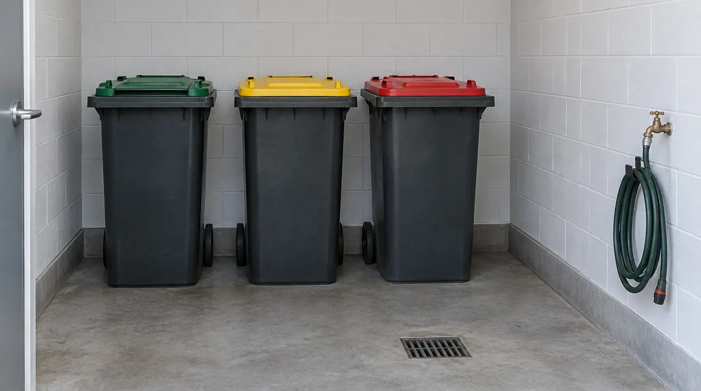 Illustrative bin room in a new commercial building with general waste, recycling and organics bins