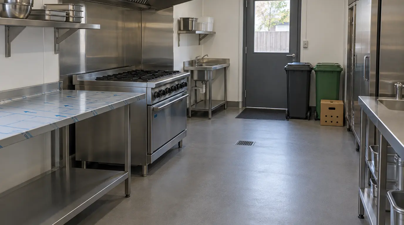 Illustrative new commercial kitchen before opening, with bins and a cardboard cage by the rear door