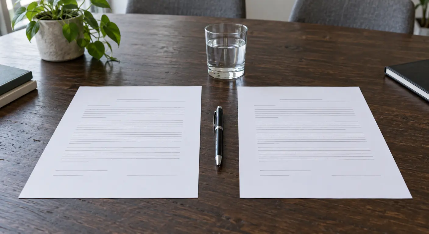 Illustrative printed service agreements side by side on a meeting table
