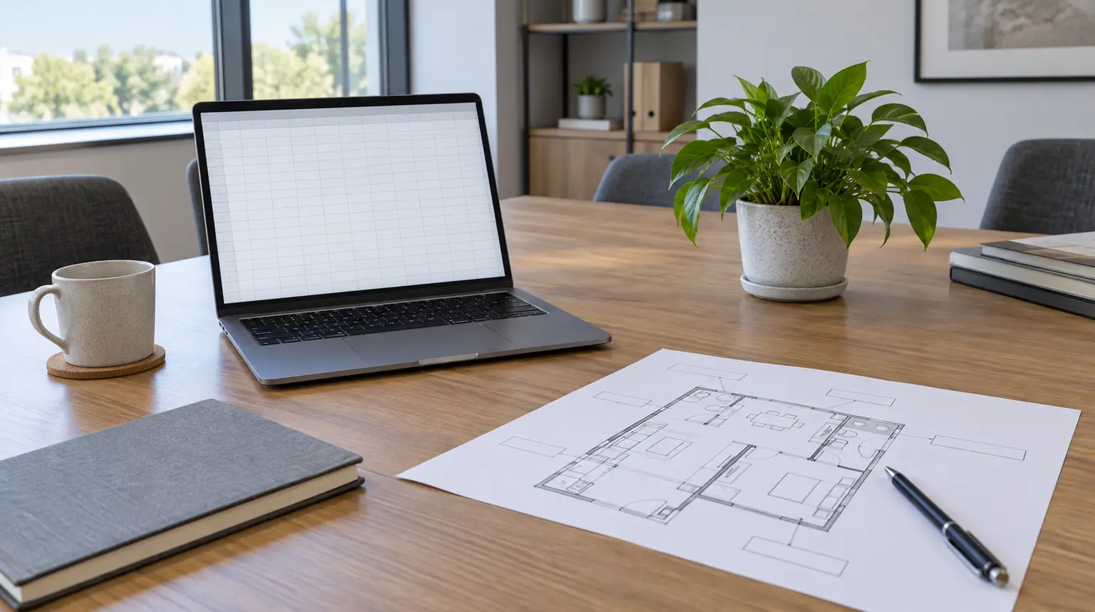 Illustrative planning desk with a laptop and a floor-plan sketch