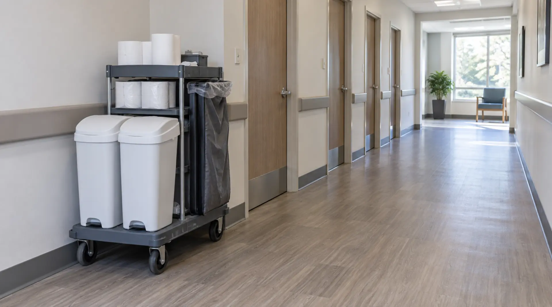 Illustrative corridor with a housekeeping trolley carrying sanitary bins and liners