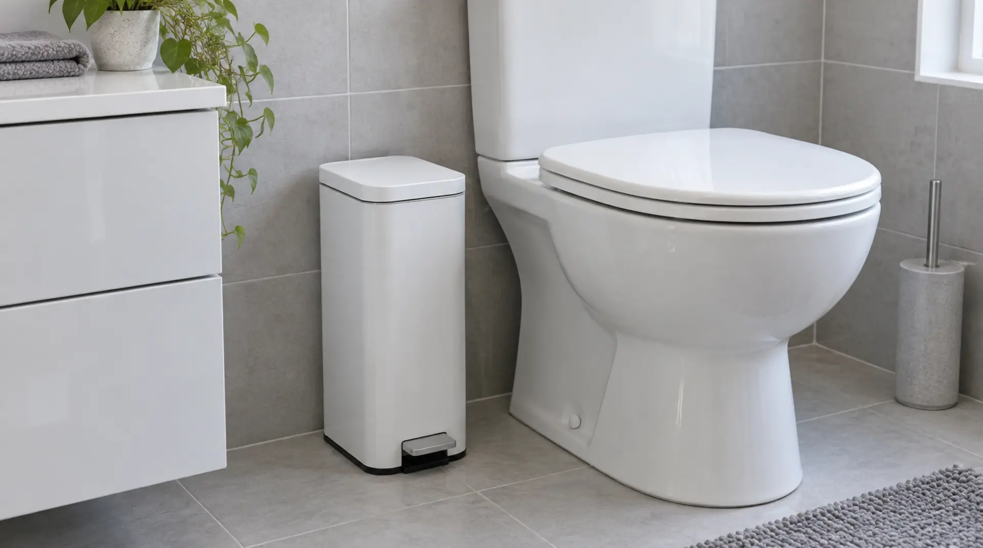 Illustrative slim white pedal sanitary bin beside a toilet