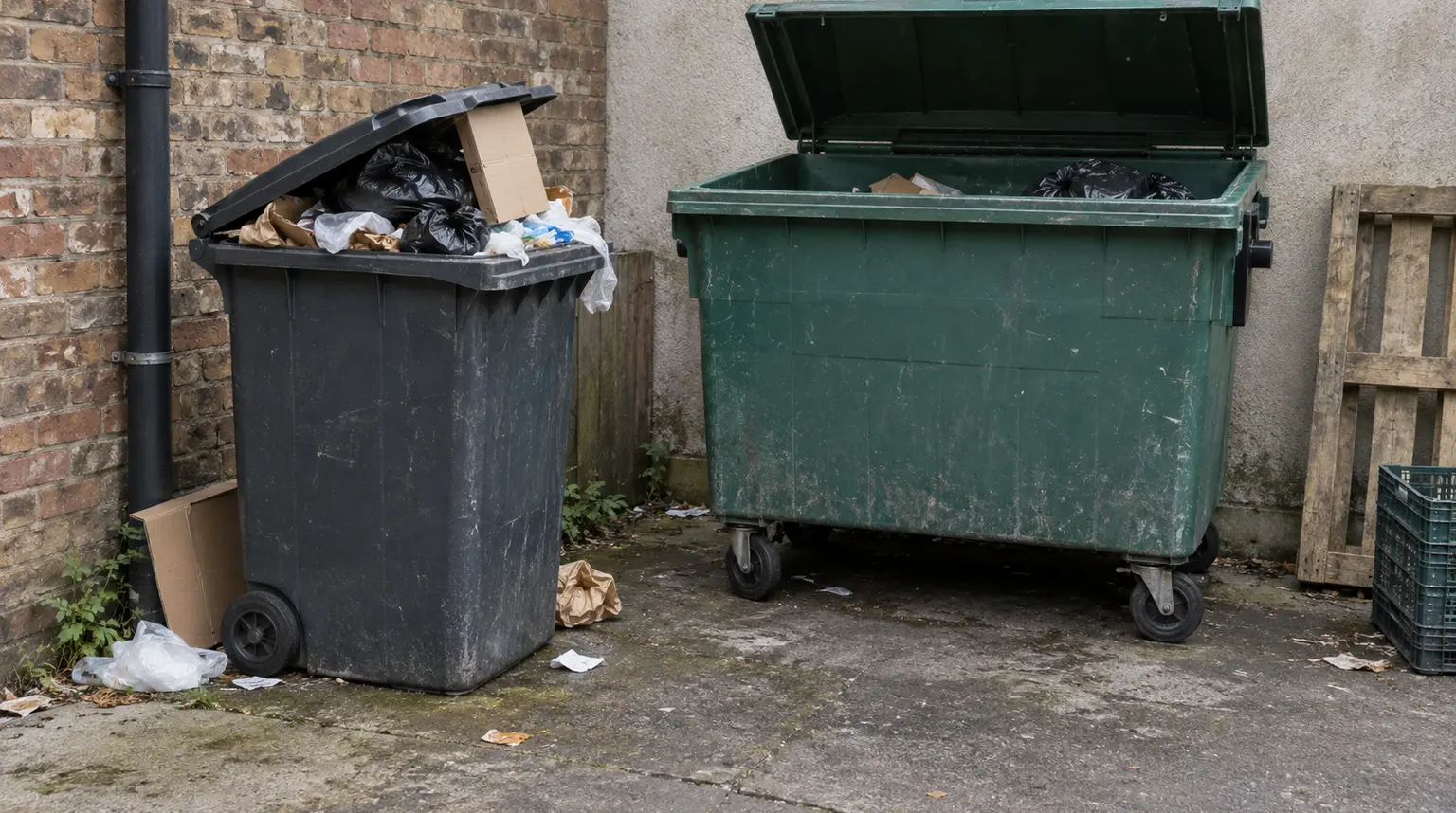 Illustrative overfilled small bin beside a half-empty larger bin