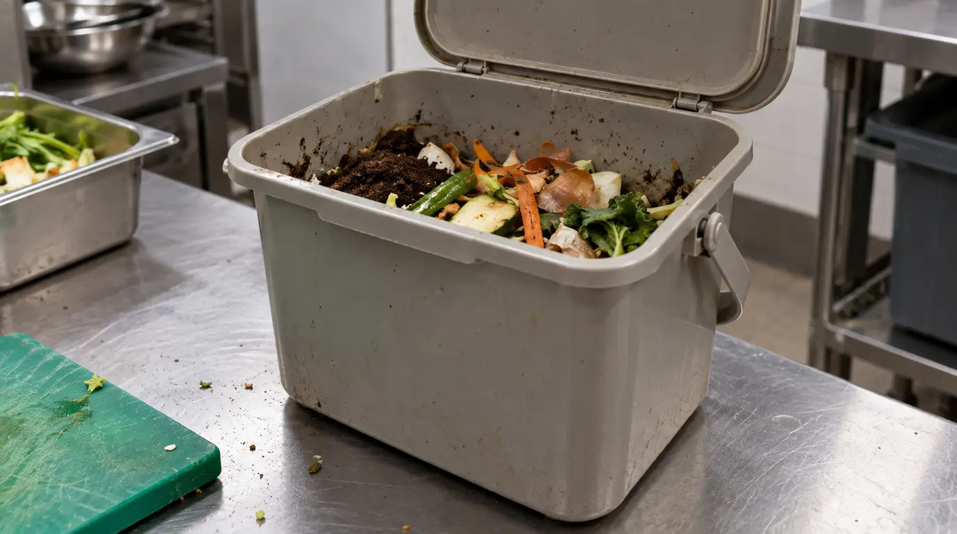 Illustrative organics caddy with vegetable peels on a kitchen bench