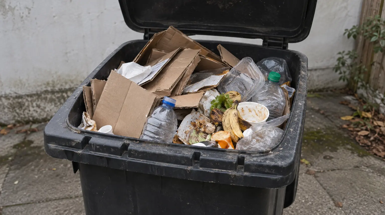 Illustrative general waste bin holding recyclable cardboard and bottles